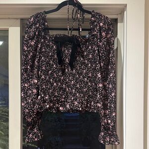 NWOT Wayf Floral Smocked Women's Top - Black and Pink